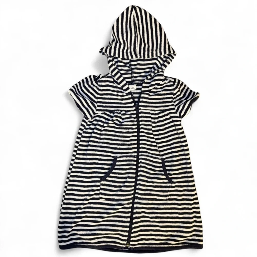 Old Navy 2T Unisex Striped Terry Cloth Coverup Beach Pool Navy & White Hooded